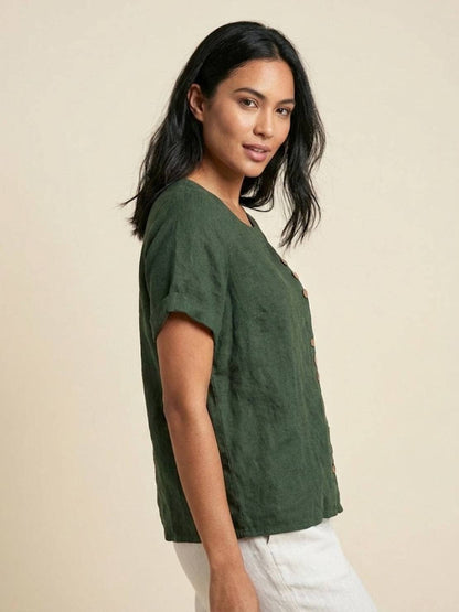 Women's Short Sleeve Top with Scoop Neck and Button Detail