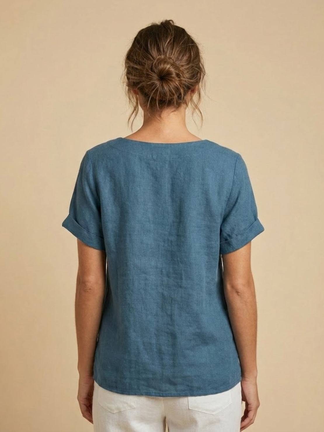 Women's Short Sleeve Top with Scoop Neck and Button Detail