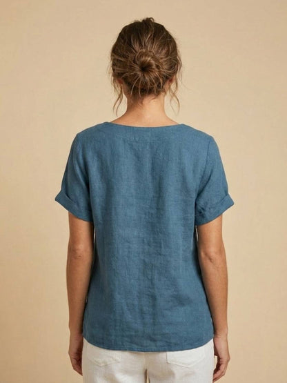 Women's Short Sleeve Top with Scoop Neck and Button Detail