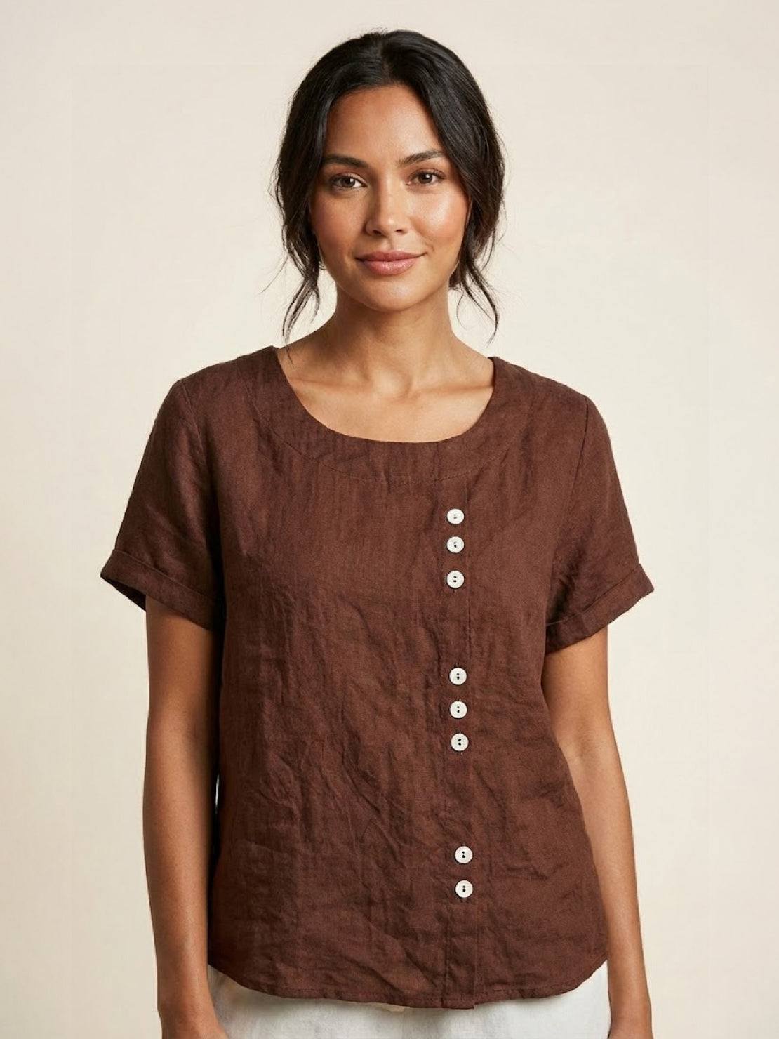 Women's Short Sleeve Top with Scoop Neck and Button Detail