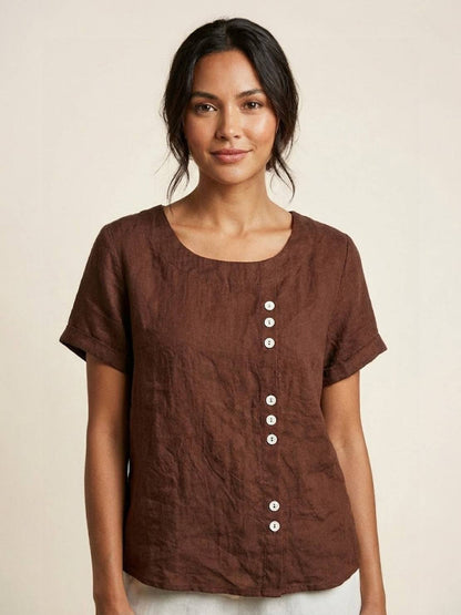 Women's Short Sleeve Top with Scoop Neck and Button Detail