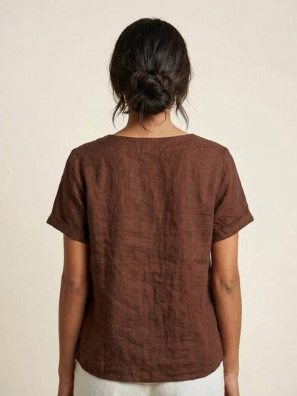 Women's Short Sleeve Top with Scoop Neck and Button Detail