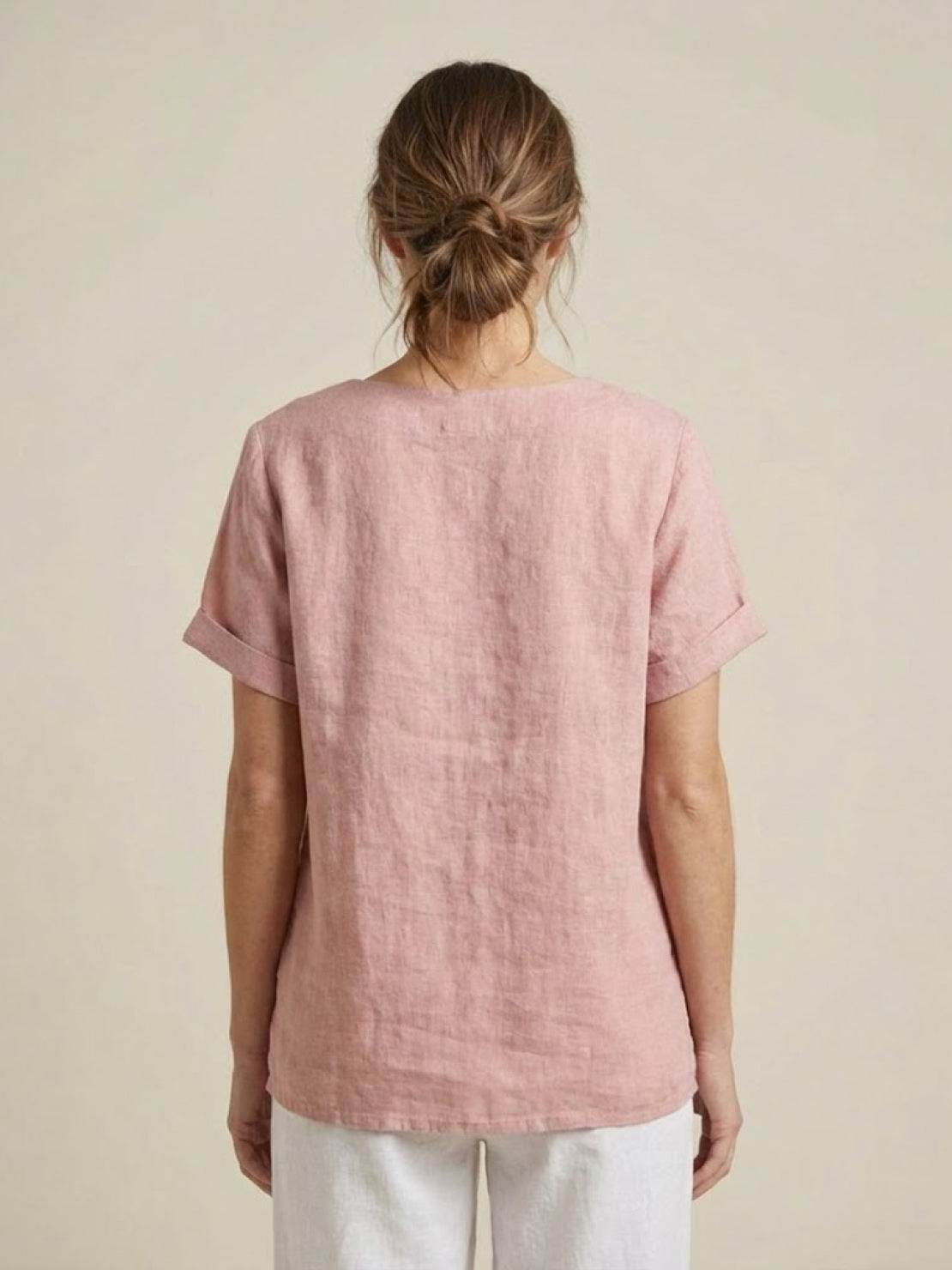 Women's Short Sleeve Top with Scoop Neck and Button Detail