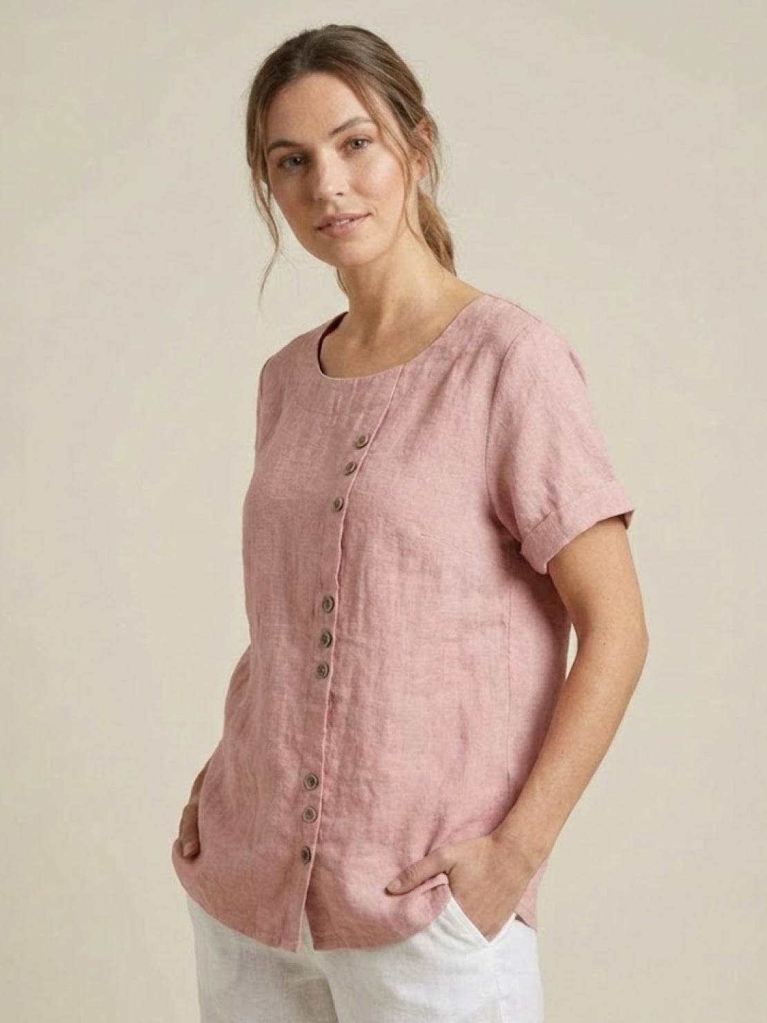 Women's Short Sleeve Top with Scoop Neck and Button Detail
