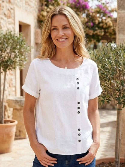 Women's Short Sleeve Top with Scoop Neck and Button Detail