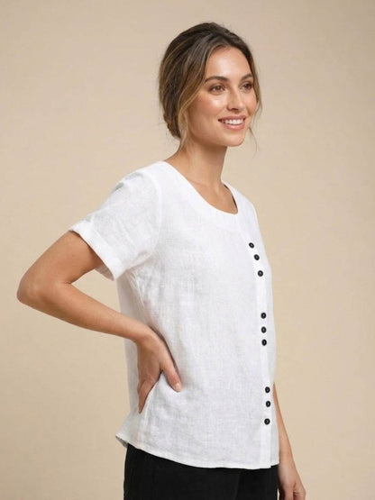 Women's Short Sleeve Top with Scoop Neck and Button Detail