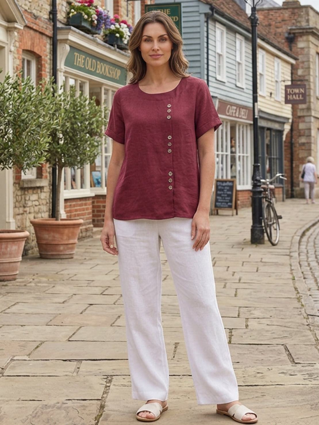 Women's Short Sleeve Top with Scoop Neck and Button Detail
