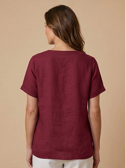 Women's Short Sleeve Top with Scoop Neck and Button Detail