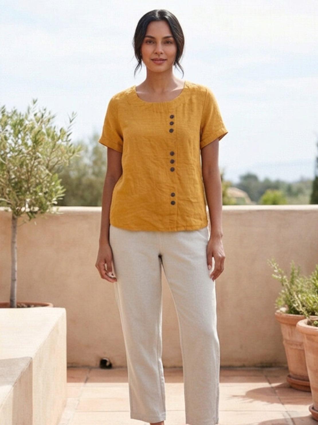 Women's Short Sleeve Top with Scoop Neck and Button Detail