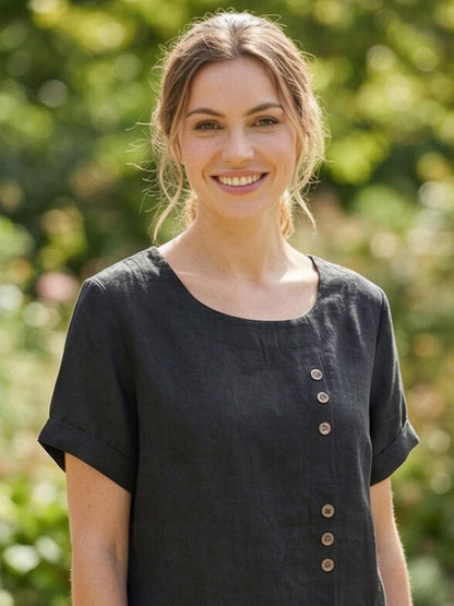 Women's Short Sleeve Top with Scoop Neck and Button Detail