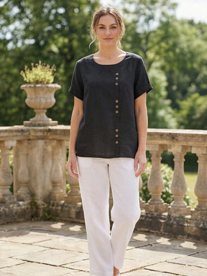 Women's Short Sleeve Top with Scoop Neck and Button Detail