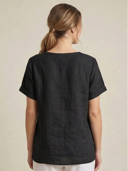 Women's Short Sleeve Top with Scoop Neck and Button Detail