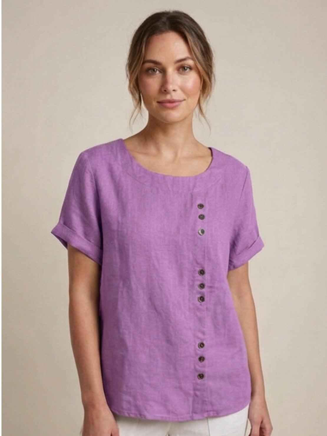 Women's Short Sleeve Top with Scoop Neck and Button Detail