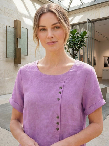 Women's Short Sleeve Top with Scoop Neck and Button Detail
