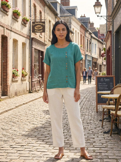 Women's Short Sleeve Top with Scoop Neck and Button Detail