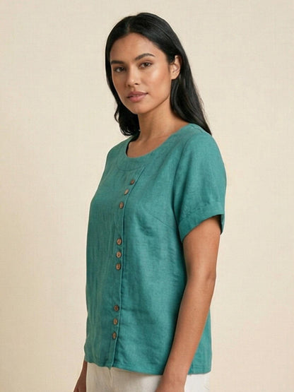Women's Short Sleeve Top with Scoop Neck and Button Detail