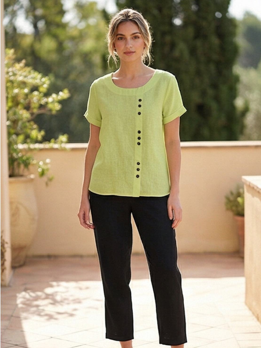 Women's Short Sleeve Top with Scoop Neck and Button Detail