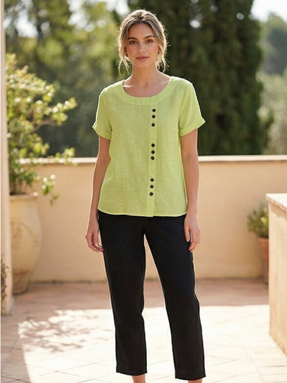 Women's Short Sleeve Top with Scoop Neck and Button Detail