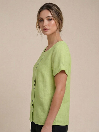 Women's Short Sleeve Top with Scoop Neck and Button Detail