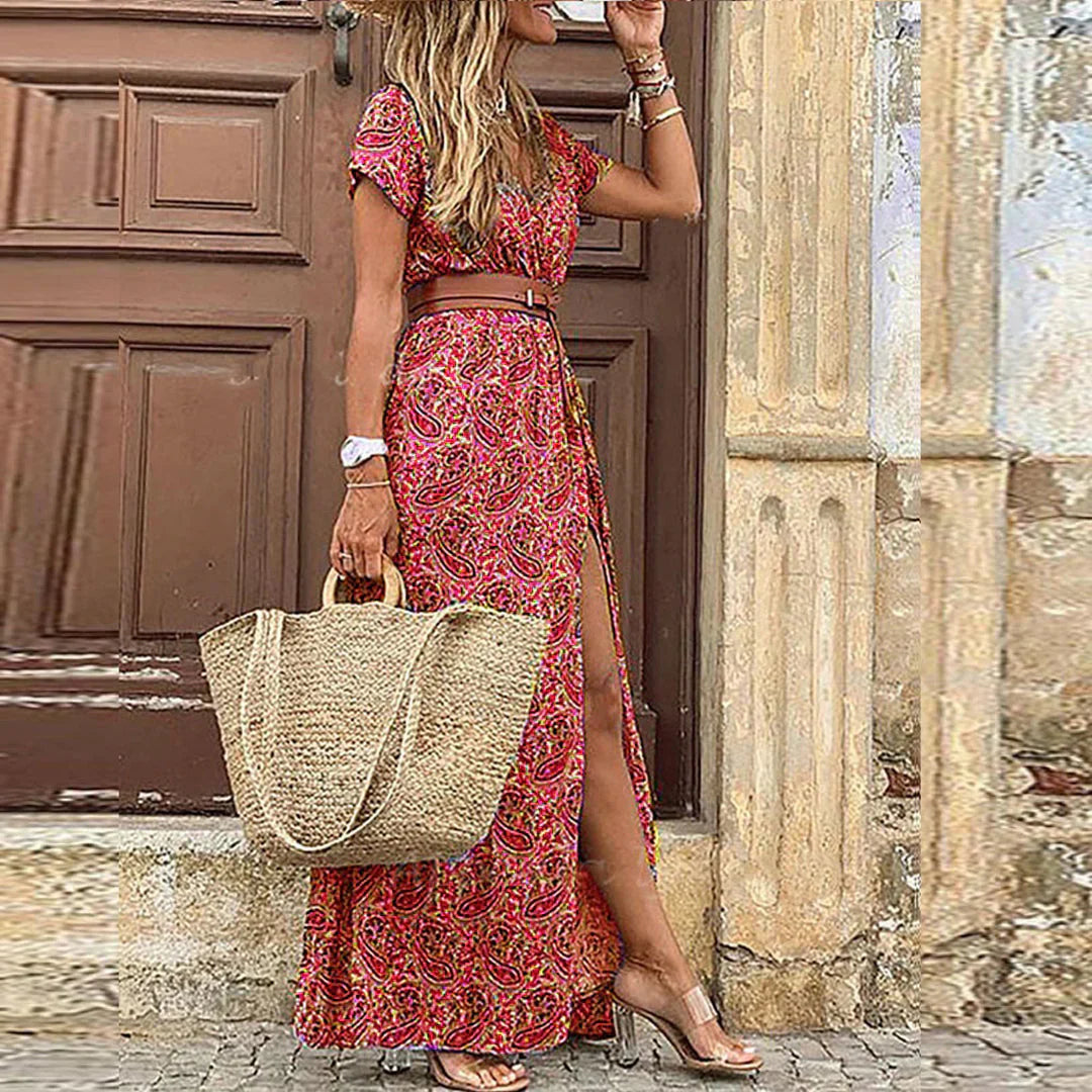 Women’s Boho Chiffon Maxi Dress – Breathable Summer Dress with Matching Belt