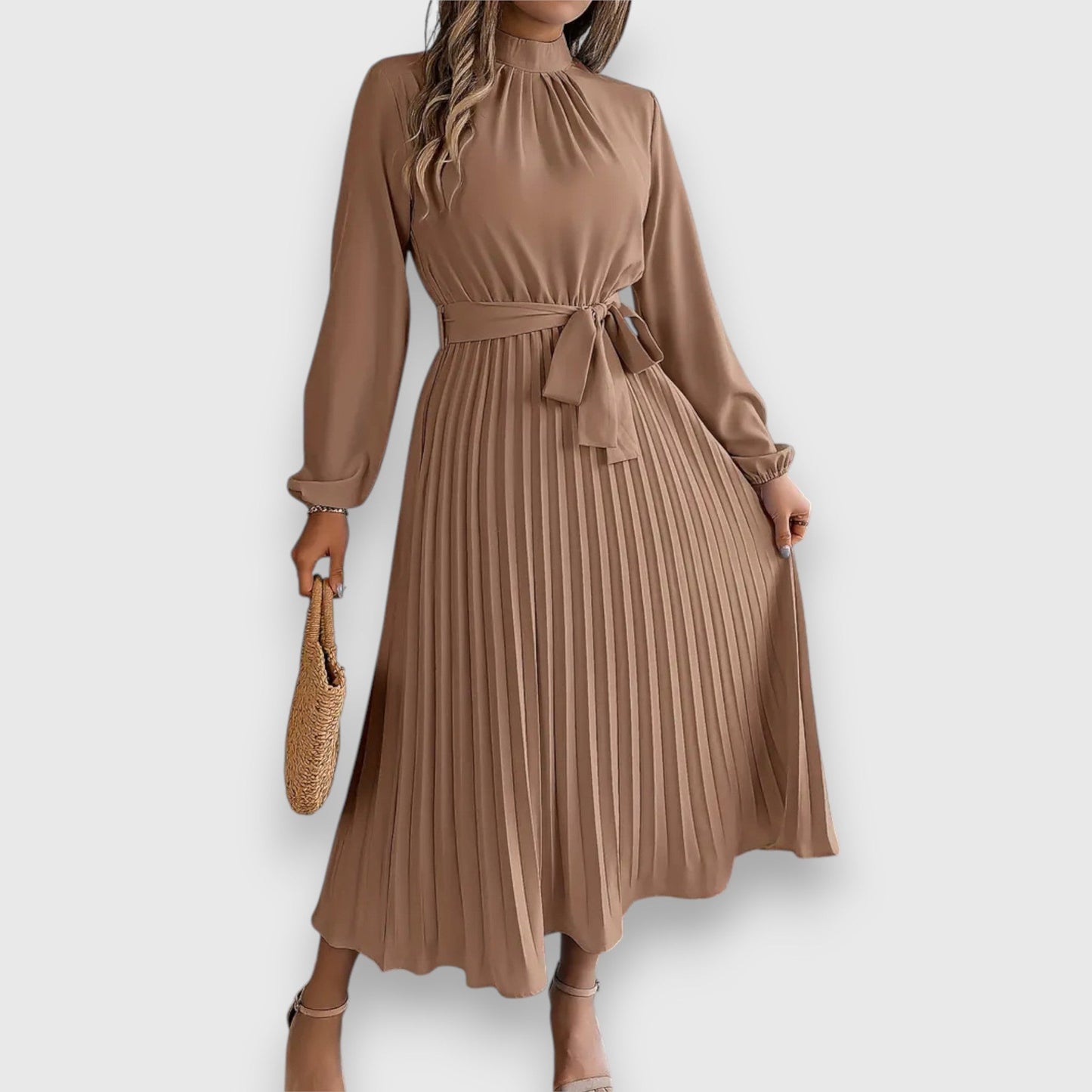 Women's Pleated Midi Dress with Flared Skirt and Sleeveless Design