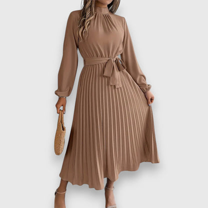 Women's Pleated Midi Dress with Flared Skirt and Sleeveless Design