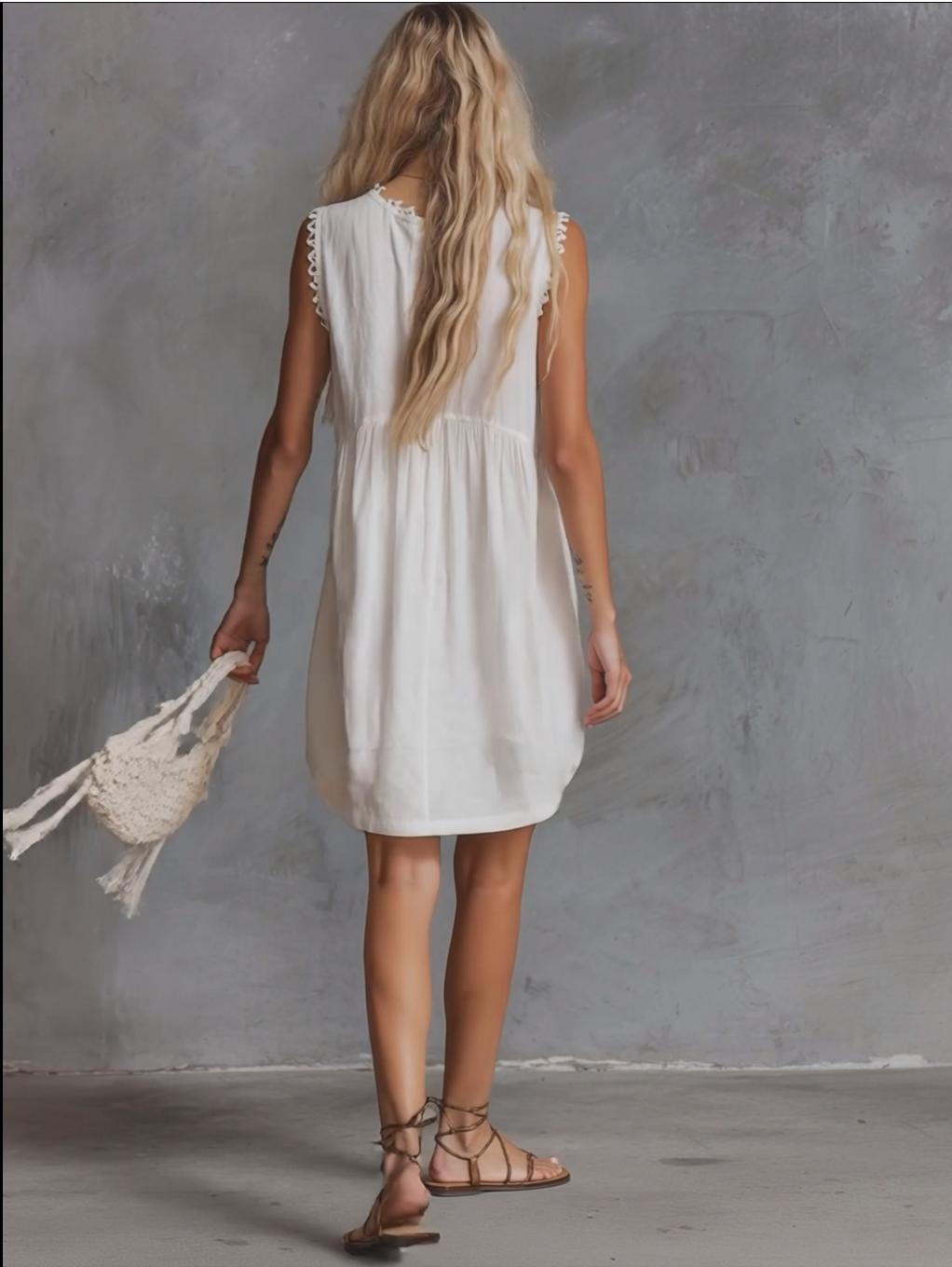 Elegant Vintage Western Lace V-Neck Front-Button White Cotton Mini Dress