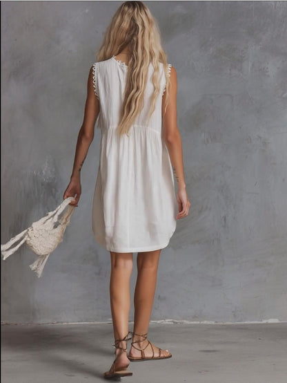 Elegant Vintage Western Lace V-Neck Front-Button White Cotton Mini Dress