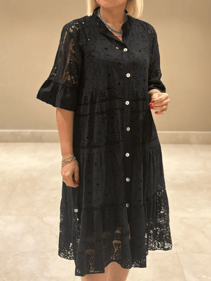 Women's Floral Midi Dress with Short Sleeves and A-Line Silhouette