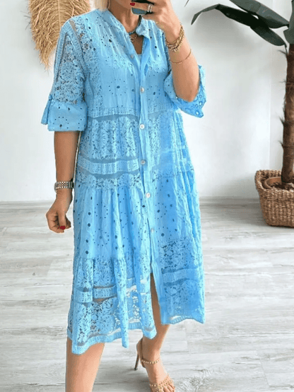 Women's Floral Midi Dress with Short Sleeves and A-Line Silhouette