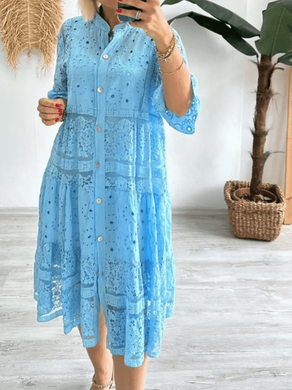 Women's Floral Midi Dress with Short Sleeves and A-Line Silhouette