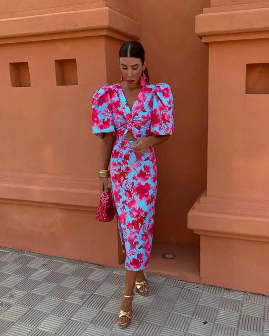 Women's Midi Dress with Floral Print and Sleeveless Design