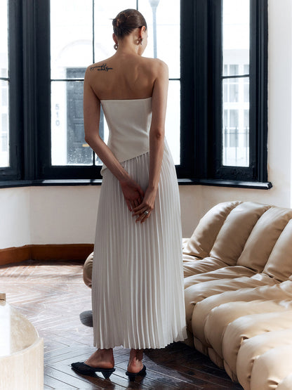 Women’s Strapless Georgette Maxi Dress – Luxurious Pleated Statement Silhouette Side Split Dress