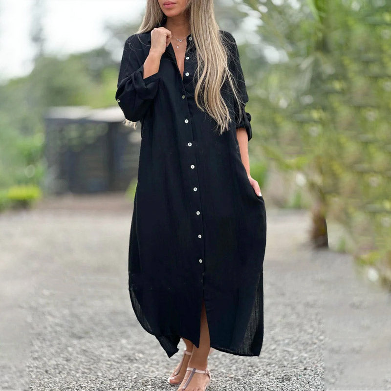 Characteristically Elegantly Button Down Ivory Silk Ankle Length Plus Maxi Shirt Dress