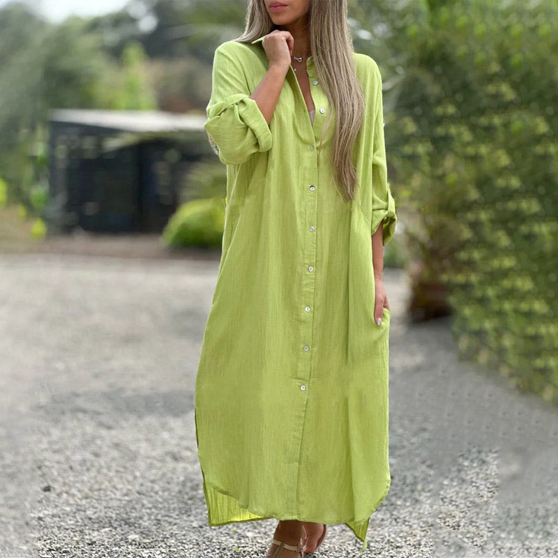 Characteristically Elegantly Button Down Ivory Silk Ankle Length Plus Maxi Shirt Dress