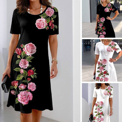 Women's Floral Print Dress with Short Sleeves and A-Line Silhouette