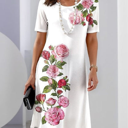 Women's Floral Print Dress with Short Sleeves and A-Line Silhouette
