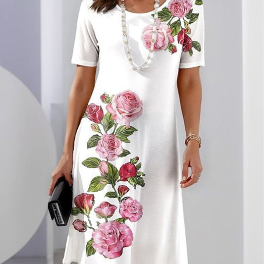 Women's Floral Print Dress with Short Sleeves and A-Line Silhouette