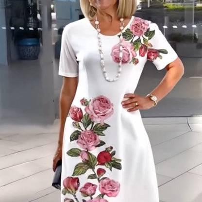 Women's Floral Print Dress with Short Sleeves and A-Line Silhouette