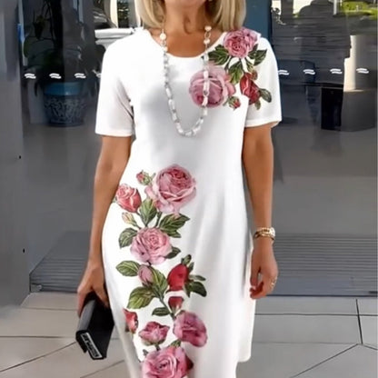 Women's Floral Print Dress with Short Sleeves and A-Line Silhouette