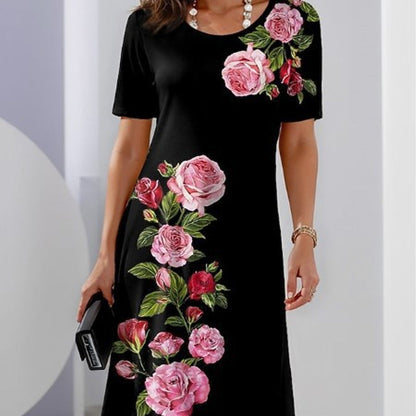 Women's Floral Print Dress with Short Sleeves and A-Line Silhouette