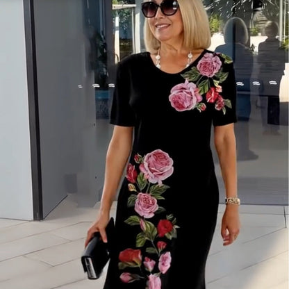 Women's Floral Print Dress with Short Sleeves and A-Line Silhouette