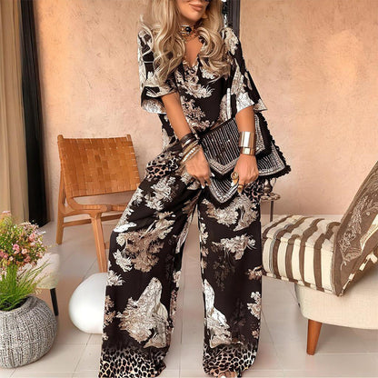 Women's Elegant Lightweight Printed V-Neck Blouse and Flowing Long Pants Set for Summer Days