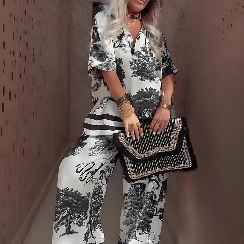 Women's Elegant Lightweight Printed V-Neck Blouse and Flowing Long Pants Set for Summer Days