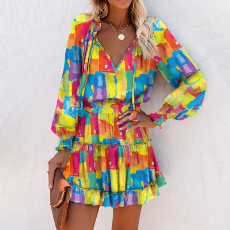 Effortlessly Chic V-Neck Floral Print Smocked Waist Tiered Ruffle Hem Accent Dress