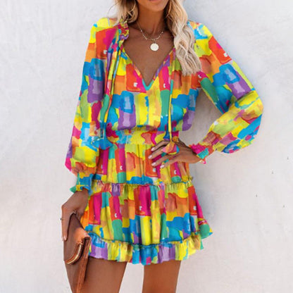 Effortlessly Chic V-Neck Floral Print Smocked Waist Tiered Ruffle Hem Accent Dress