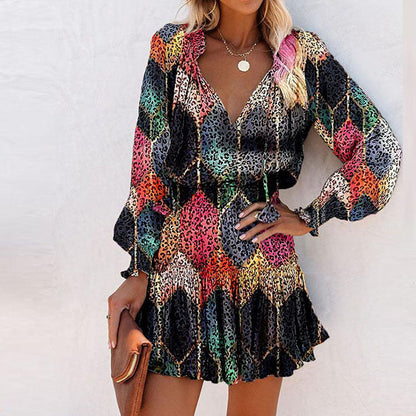Effortlessly Chic V-Neck Floral Print Smocked Waist Tiered Ruffle Hem Accent Dress