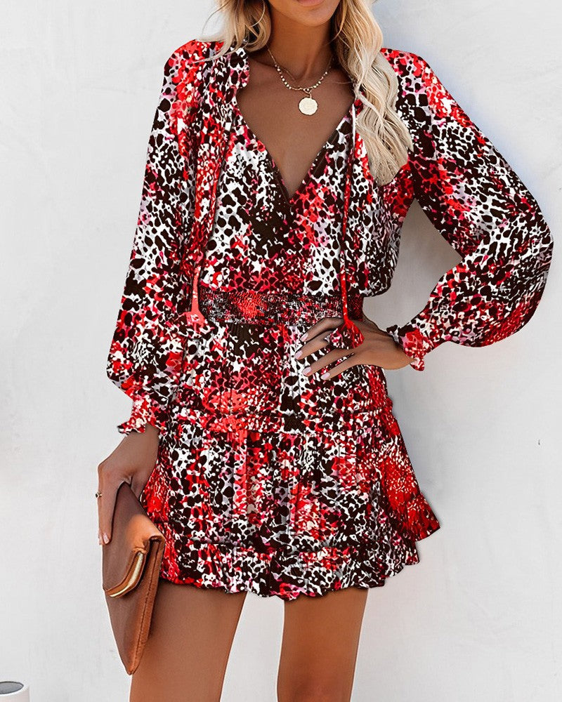 Effortlessly Chic V-Neck Floral Print Smocked Waist Tiered Ruffle Hem Accent Dress