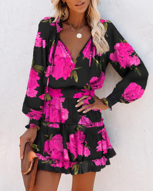 Effortlessly Chic V-Neck Floral Print Smocked Waist Tiered Ruffle Hem Accent Dress