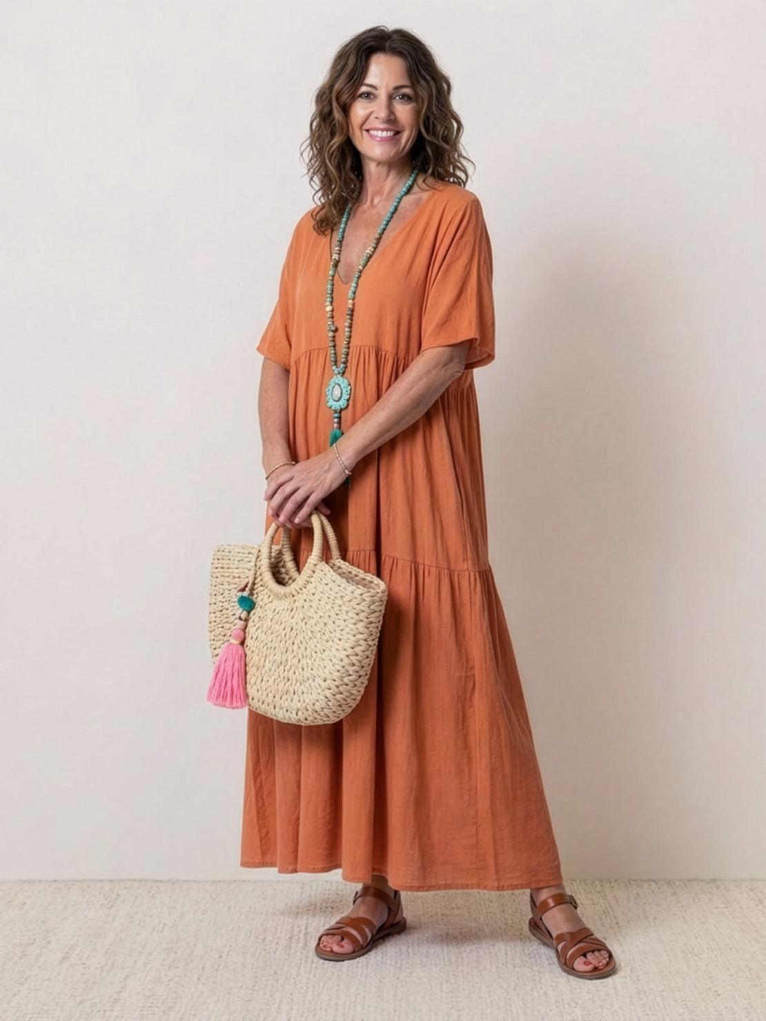 Bohemian Inspired V-Neck Silk Blend Flowing Sun Kissed Terracotta All Day Maxi Dress